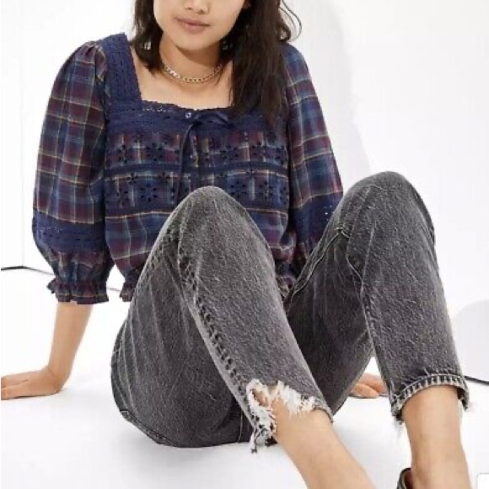 American Eagle Boho Plaid Eyelet Puff Sleeve Women’s Crop Top Sz Small NEW